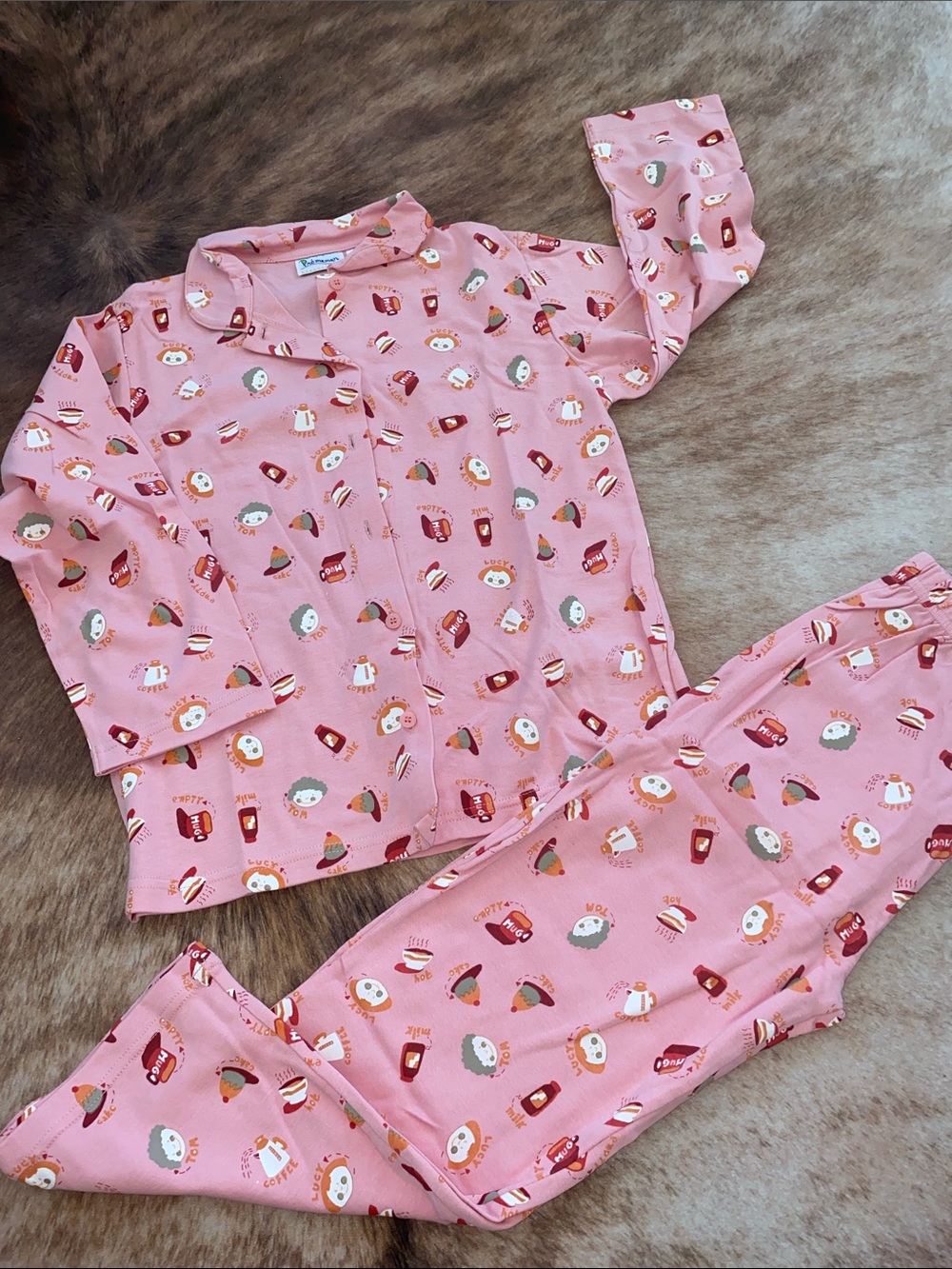 Vintage Prémaman Girls Pajama Set Size 8 Pink Coffee Print